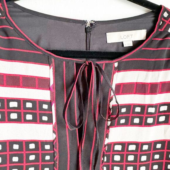 LOFT Round Neck Sheer Long Sleeve Tie Neck Knee Length Geometric Dress Medium - Picture 2 of 13